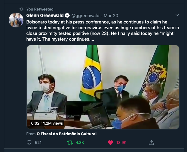 Glenn Greenwald's tweet shows Bolsonaro having a cough attack during a meeting.
